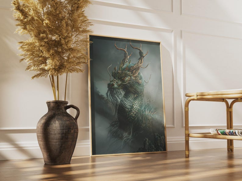 Qilin Poster | Chinese Mythical Beast Art Print, Teal Gold Dragon Wall Art