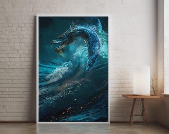 Póster del Dragón de Agua / Arte mural del Dragón Marino Azul, Estampado de la mitología asiática, Decoración de Dojo
