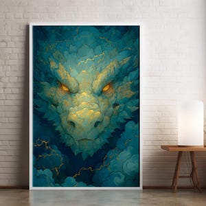 Storm Dragon Poster, Chinese Dragon in Thunder Clouds, Teal and Gold
