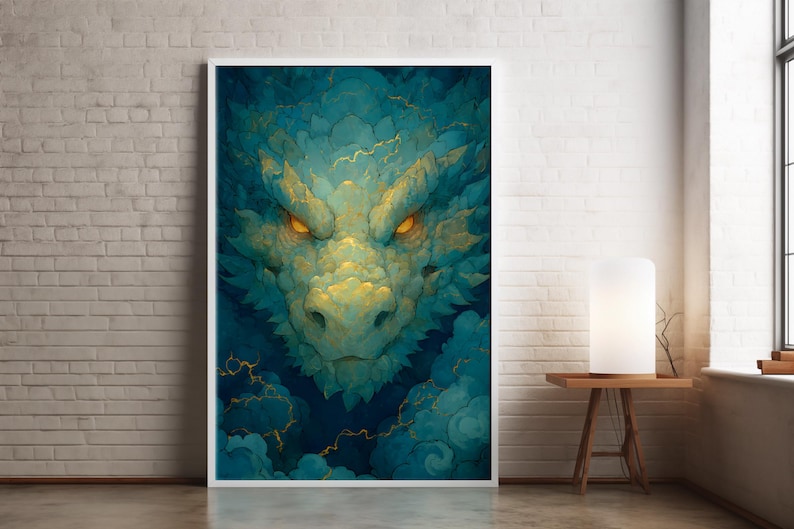 Storm Dragon Poster, Chinese Dragon in Thunder Clouds, Teal and Gold