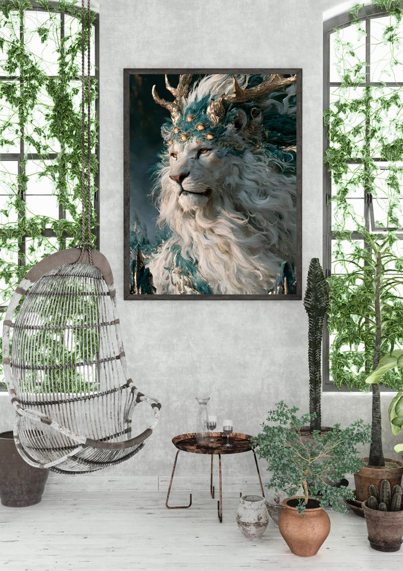 Puede incluir: Una impresi&oacute;n de arte mural enmarcada que muestra un le&oacute;n blanco con melena fluida, astas doradas y detalles en color cerceta. El le&oacute;n aparece de perfil con una expresi&oacute;n majestuosa, sobre un fondo oscuro en un marco de madera marr&oacute;n.