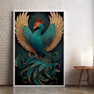 Teal Phoenix Poster, Chinese Fenghuang Celestial Bird in Gold