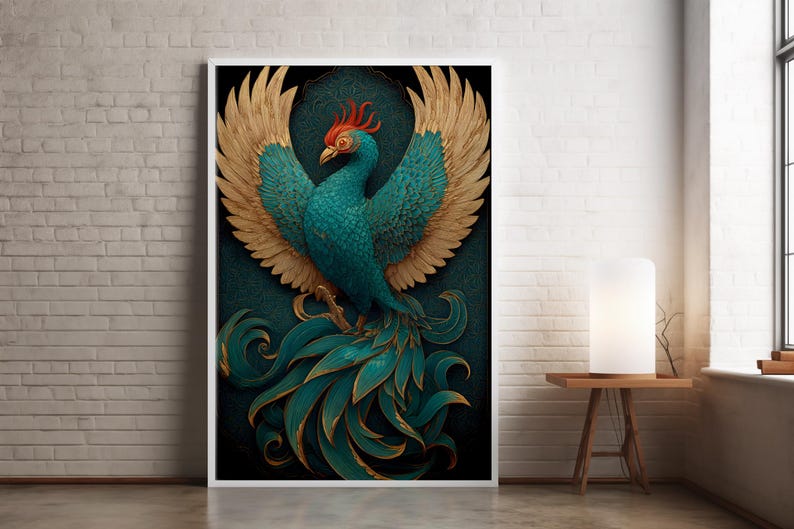 Teal Phoenix Poster, Chinese Fenghuang Celestial Bird in Gold