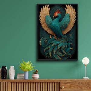Teal Phoenix Poster, Chinese Fenghuang Celestial Bird in Gold