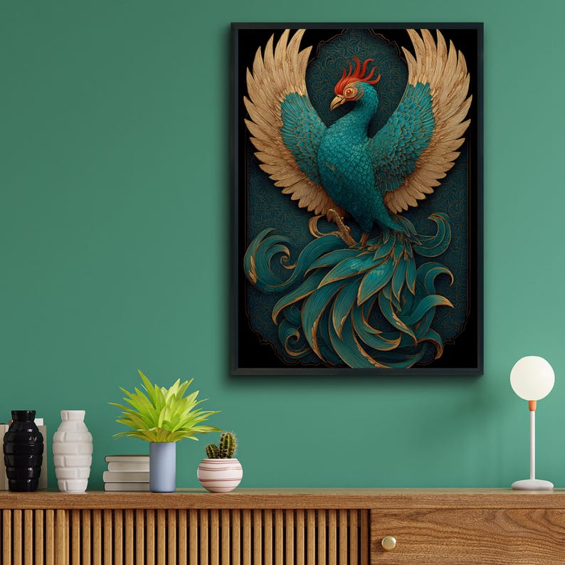 Teal Phoenix Poster, Chinese Fenghuang Celestial Bird in Gold