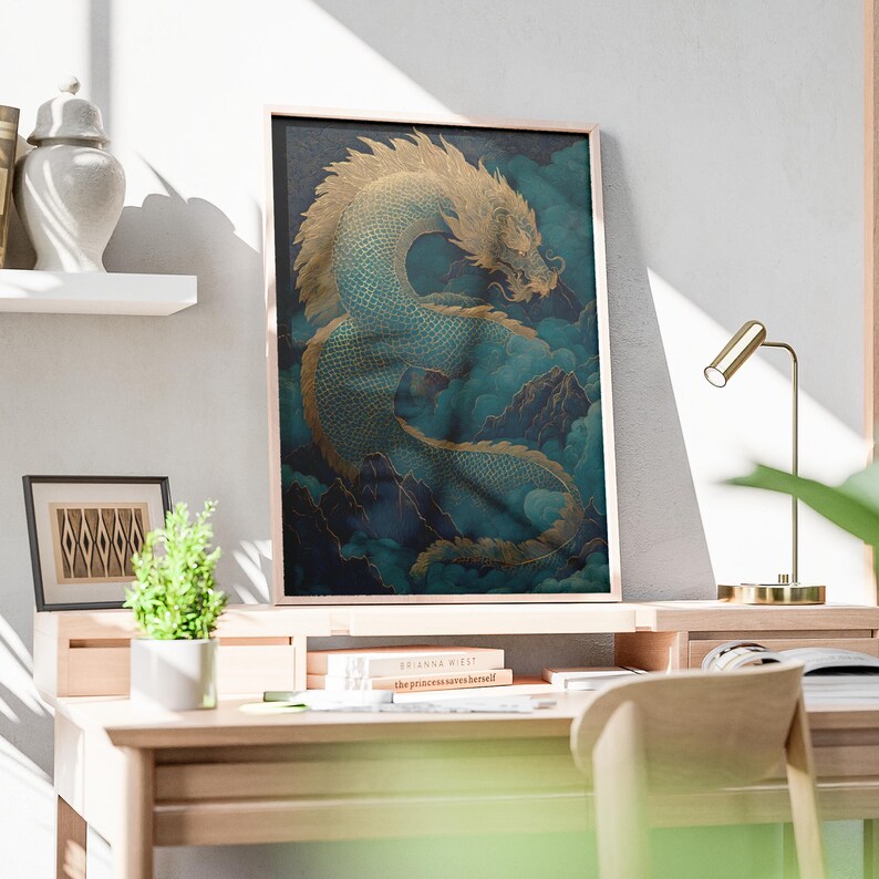 Dragon Poster, Teal and Gold Chinese Dragon Coiled Around Misty Mountain
