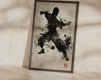 Póster de Kung Fu con tinta / Lámina de artes marciales chinas, silueta de guerrero, decoración de dojo