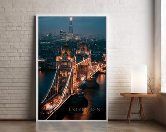 London Tower Bridge Night Print | City Skyline Poster, The Shard, River Thames Wall Art
