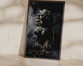 Arte mural chino Pixiu / Póster del león guardián dorado oscuro / Lámina decorativa para dojo