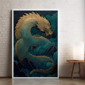 Dragon Poster, Teal and Gold Chinese Dragon Coiled Around Misty Mountain