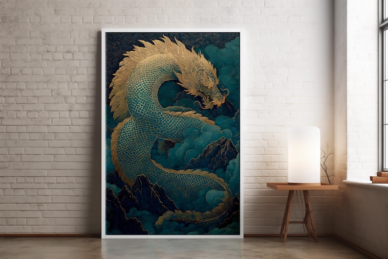 Dragon Poster, Teal and Gold Chinese Dragon Coiled Around Misty Mountain