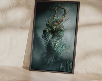 Póster de Qilin / Lámina artística de bestia mítica china, arte de pared de dragón azul verdoso y dorado