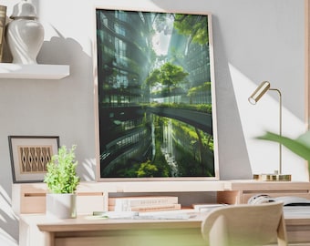 Póster de arquitectura verde con dosel urbano / Lámina decorativa de naturaleza urbana futurista para pared