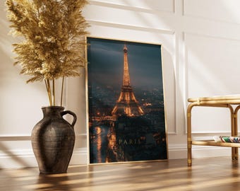 Paris Night Poster | Eiffel Tower at Night, City Lights Wall Art, Travel Print