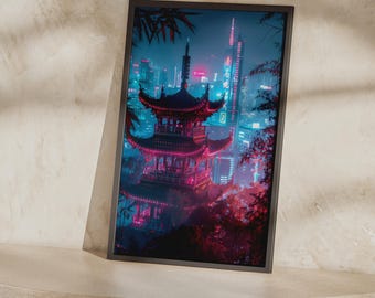 Lámina de pagoda cyberpunk / Póster de ciudad neón, arte mural de templo chino, decoración asiática futurista