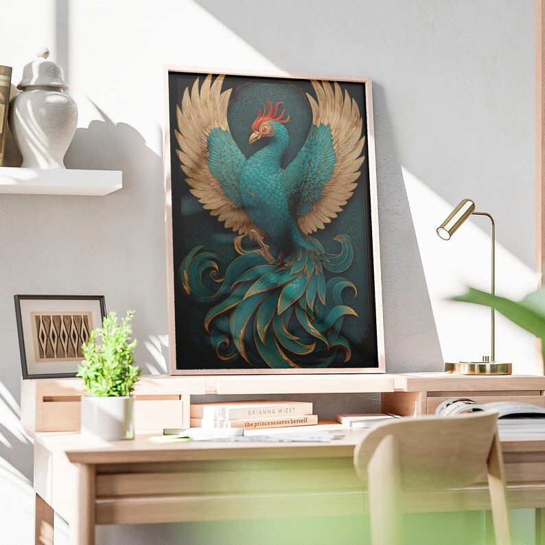 Teal Phoenix Poster, Chinese Fenghuang Celestial Bird in Gold