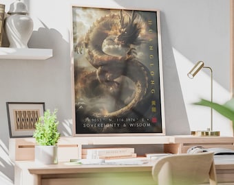 Póster del dragón Huang Long / Arte mural de la mitología china, estampado de dragón dorado, decoración de dojo