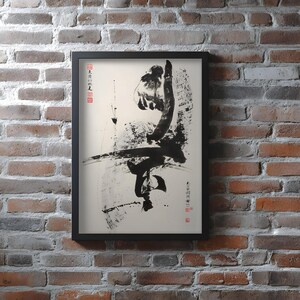 Karate Poster, Black Ink Kick with Chinese Calligraphy, Kung Fu Dojo