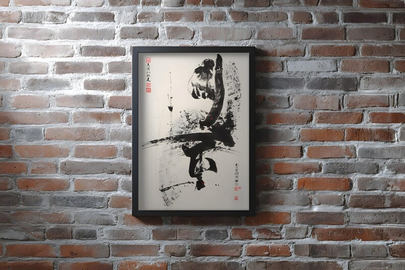 Karate Poster, Black Ink Kick with Chinese Calligraphy, Kung Fu Dojo