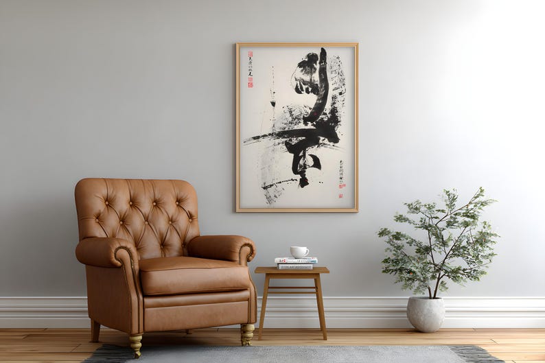 Karate Poster, Black Ink Kick with Chinese Calligraphy, Kung Fu Dojo