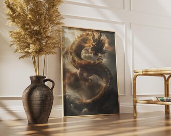 Póster del Dragón Dorado de Huanglong / Arte mural de la mitología china, lámina del dragón del dojo