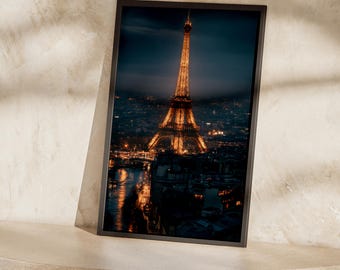 Paris Night Skyline Print | Eiffel Tower at Night, City Lights Wall Art Poster