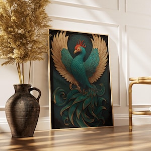 Teal Phoenix Poster, Chinese Fenghuang Celestial Bird in Gold