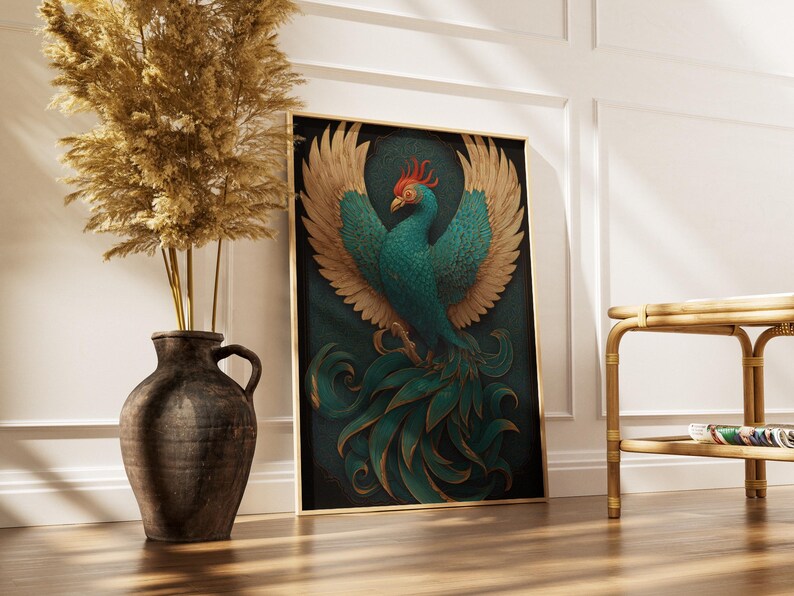 Teal Phoenix Poster, Chinese Fenghuang Celestial Bird in Gold