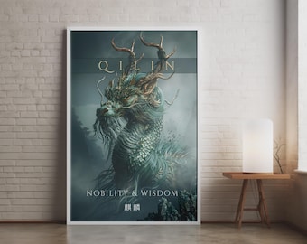 Póster de Qilin / Lámina de arte de la mitología china / Arte de pared de dragón azul verdoso y dorado, decoración de dojo