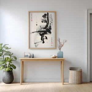 Karate Poster, Black Ink Kick with Chinese Calligraphy, Kung Fu Dojo