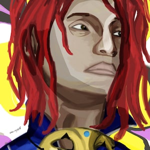 Pode incluir: Uma ilustração digital de uma pessoa com cabelo vermelho vibrante, vestindo uma peça azul com gola e detalhes de linhas brancas, e uma máscara dourada com aberturas triangulares pretas e pequenos detalhes circulares azuis sobre um fundo amarelo.