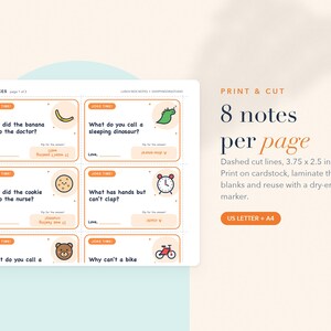 May include: A printable sheet of eight lunch box notes featuring jokes, colorful icons like a banana, dinosaur, cookie, clock, bear, and bicycle, and text including 'JOKE TIME', 'Why did the banana go to the doctor?', and '3.75 x 2.5 in notes'.