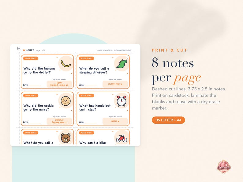 May include: A printable sheet of eight lunch box notes featuring jokes, colorful icons like a banana, dinosaur, cookie, clock, bear, and bicycle, and text including 'JOKE TIME', 'Why did the banana go to the doctor?', and '3.75 x 2.5 in notes'.