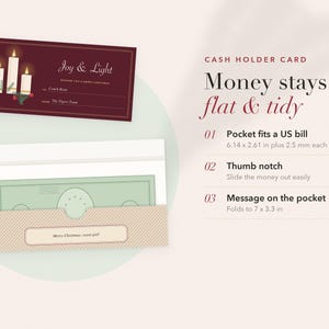 May include: A maroon cash holder card with three candles and the text Joy & Light, plus a beige pocket with a thumb notch holding a banknote. Text details include pocket fits a bill 15.6 x 6.6 cm plus 2.5 mm each side and folds to 17.8 x 8.4 cm.