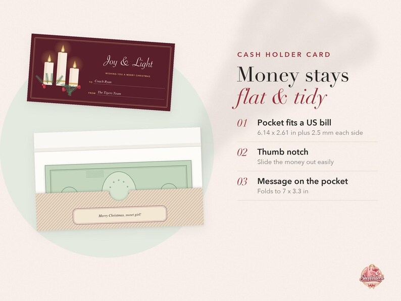 May include: A maroon cash holder card with three candles and the text Joy & Light, plus a beige pocket with a thumb notch holding a banknote. Text details include pocket fits a bill 15.6 x 6.6 cm plus 2.5 mm each side and folds to 17.8 x 8.4 cm.