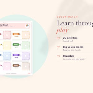 Op de afbeelding: Een Color Match educatief werkblad met acht gekleurde kleurpotloodillustraties en bijbehorende gestippelde vakjes om te matchen. De tekst bevat Color Match, Learn through play, 29 activities, Ages 2 to 5, Big velcro pieces en Reusable.