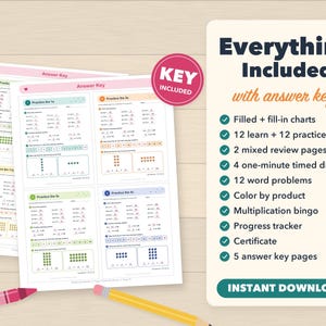 K&ouml;nnte beinhalten: Ein Set aus p&auml;dagogischen Arbeitsbl&auml;ttern zur Multiplikation mit &Uuml;bungsseiten, Textaufgaben und L&ouml;sungsschl&uuml;sseln. Die Unterlagen enthalten Tabellen, Zeit&uuml;bungen, Bingo, einen Fortschrittstracker und ein Zertifikat. Ein rosa Wachsmalstift und ein gelber Bleistift sind zu sehen.