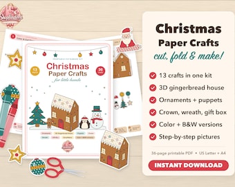 Artesanato de Natal em Papel para Crianças, Enfeites para Recortar e Colar para Imprimir, Molde de Casa de Gengibre 3D, Atividade de Artesanato de Natal em PDF