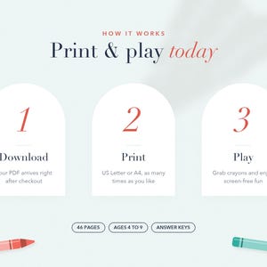 Puede incluir: Un gr&aacute;fico instructivo titulado How it works Print & play today con tres paneles blancos arqueados numerados 1, 2 y 3. El texto detalla la descarga, la impresi&oacute;n en tama&ntilde;o carta o A4 y el juego. Incluye 46 p&aacute;ginas, edades de 4 a 9 a&ntilde;os.