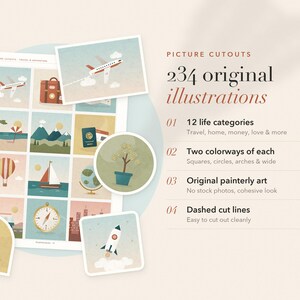 May include: A collection of 234 original illustrations titled Picture Cutouts, featuring travel and adventure themes. The sheet displays a grid of colourful square icons including aeroplanes, sailboats, and globes, with additional circular and square cutouts.