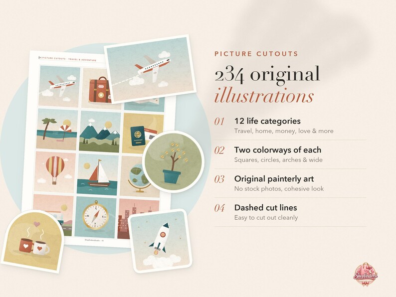 May include: A collection of 234 original illustrations titled Picture Cutouts, featuring travel and adventure themes. The sheet displays a grid of colourful square icons including aeroplanes, sailboats, and globes, with additional circular and square cutouts.