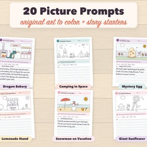 Puede incluir: Una colecci&oacute;n de hojas de actividades imprimibles titulada 20 Picture Prompts original art to color + story starters. Las p&aacute;ginas presentan dibujos de l&iacute;neas en blanco y negro para colorear, t&iacute;tulos de historias y secciones rayadas.
