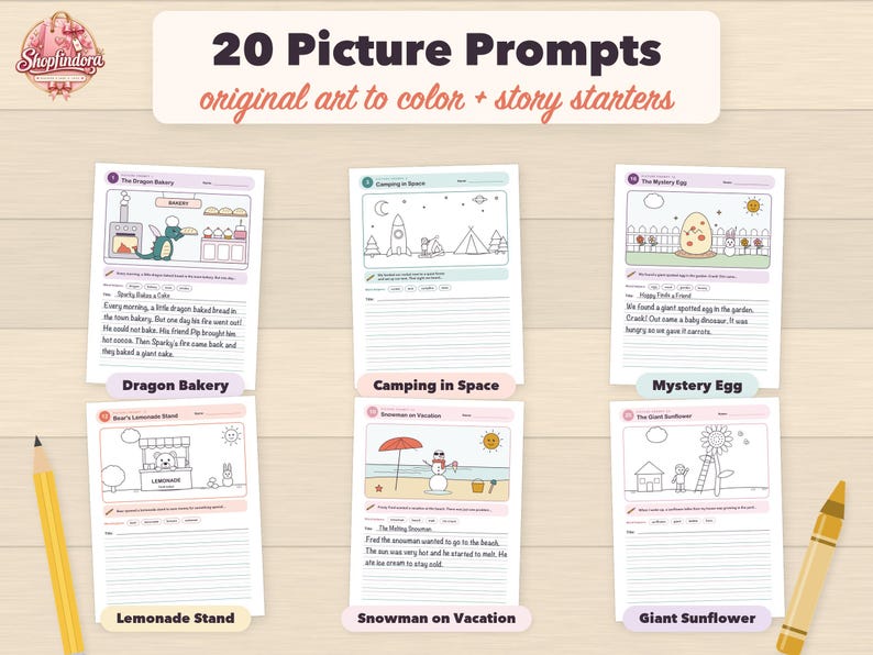 Puede incluir: Una colecci&oacute;n de hojas de actividades imprimibles titulada 20 Picture Prompts original art to color + story starters. Las p&aacute;ginas presentan dibujos de l&iacute;neas en blanco y negro para colorear, t&iacute;tulos de historias y secciones rayadas.