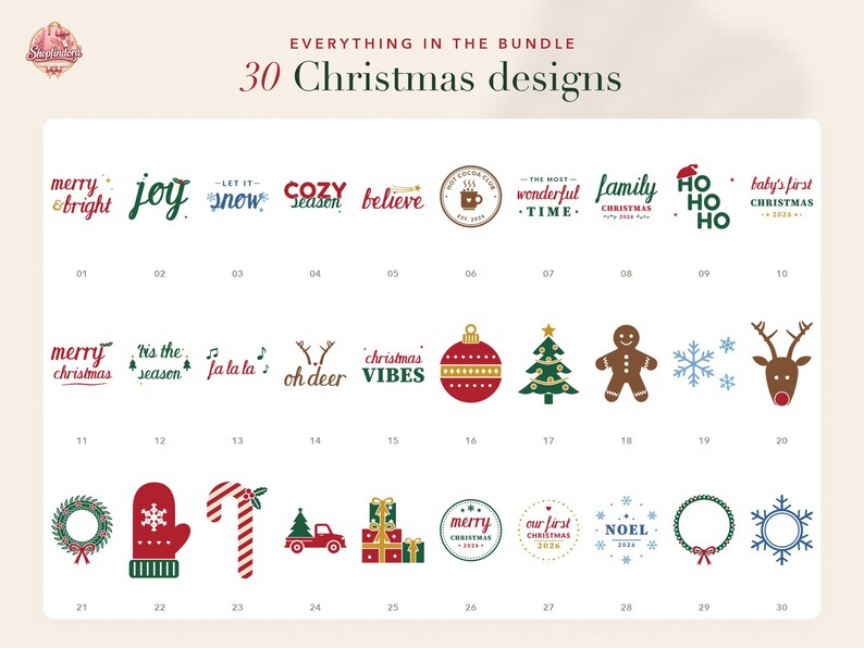 Op de afbeelding: Een digitale collectie van 30 kerstontwerpen met feestelijke typografie en vakantie-iconen, waaronder ornamenten, bomen, peperkoekmannetjes, rendieren, sneeuwvlokken, kransen, zuurstokken en geschenkdozen in rood, groen en blauw.