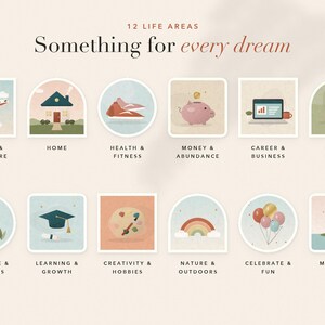 May include: A graphic chart titled 12 LIFE AREAS Something for every dream, featuring twelve icons representing categories: Travel & Adventure, Home, Health & Fitness, Money & Abundance, Career & Business, Love & Family, Self-Care & Wellness, Learning & Growth, Creativity & Hobbies, Nature & Outdoors, Celebrate & Fun, and Mindset & Spirit.