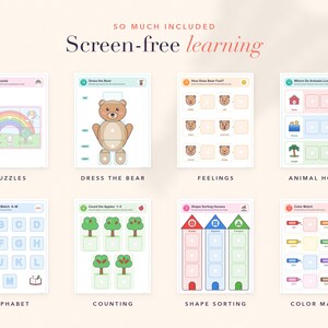 Op de afbeelding: Een verzameling van acht educatieve werkbladen getiteld Screen-free learning, met taken zoals puzzels, de beer aankleden, gevoelens, dierenhuizen, alfabet matchen, appels tellen, vormen sorteren en kleuren matchen met kleurrijke afbeeldingen.