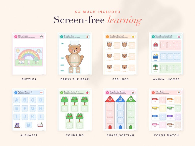 Op de afbeelding: Een verzameling van acht educatieve werkbladen getiteld Screen-free learning, met taken zoals puzzels, de beer aankleden, gevoelens, dierenhuizen, alfabet matchen, appels tellen, vormen sorteren en kleuren matchen met kleurrijke afbeeldingen.