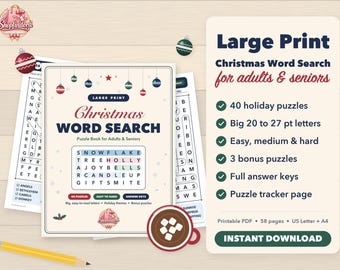 Caça-palavras de Natal em letras grandes para adultos e idosos, 40 quebra-cabeças natalinos para imprimir, atividade de Natal, livro de caça-palavras em PDF