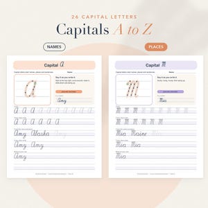 May include: Two educational handwriting worksheets titled 26 Capital Letters Capitals A to Z. The left page focuses on the letter a with tracing exercises for the name Amy and Alaska. The right page features the letter m with tracing for Mia and Maine.