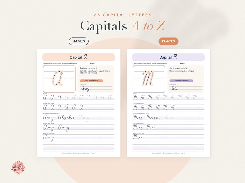 May include: Two educational handwriting worksheets titled 26 Capital Letters Capitals A to Z. The left page focuses on the letter a with tracing exercises for the name Amy and Alaska. The right page features the letter m with tracing for Mia and Maine.